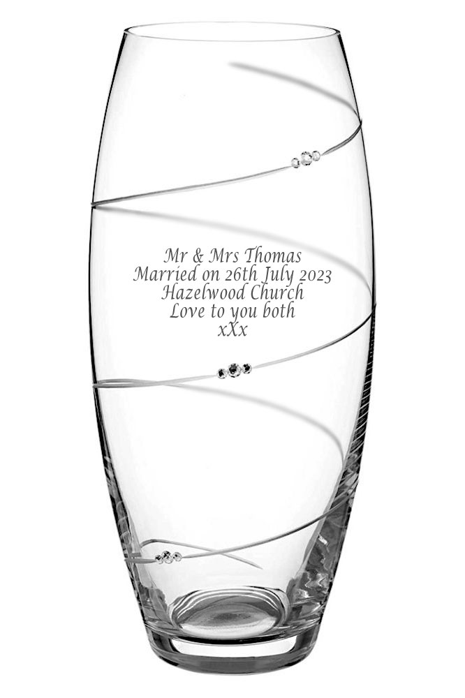 Gorgeous 30cm Tall Engraved Diamante Barrel Vase, etched with a swirl design and adorned with Swarovski® Crystals. Gift boxed ready for giving.