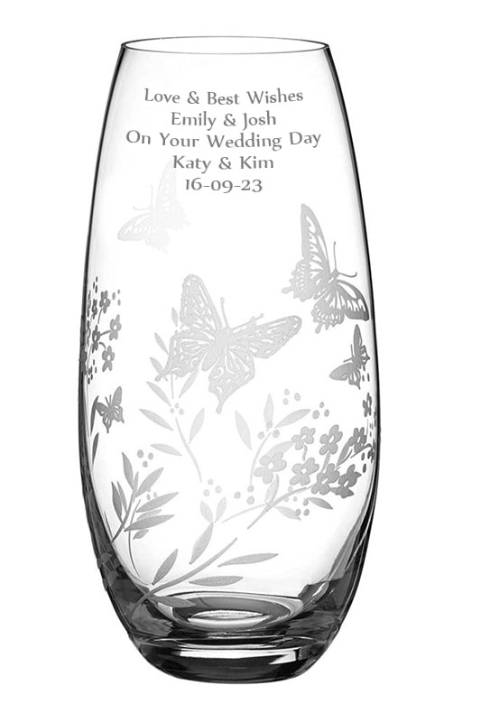 Engraved Diamante Barrel Vase, 25cm | Butterflies Fluttering in Flower Meadow Motif, Gift Boxed