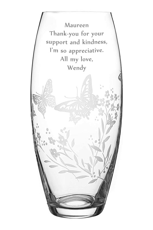 Diamante 30cm Barrel Vase Etched with Butterflies & Wild Flowers, Gift Boxed