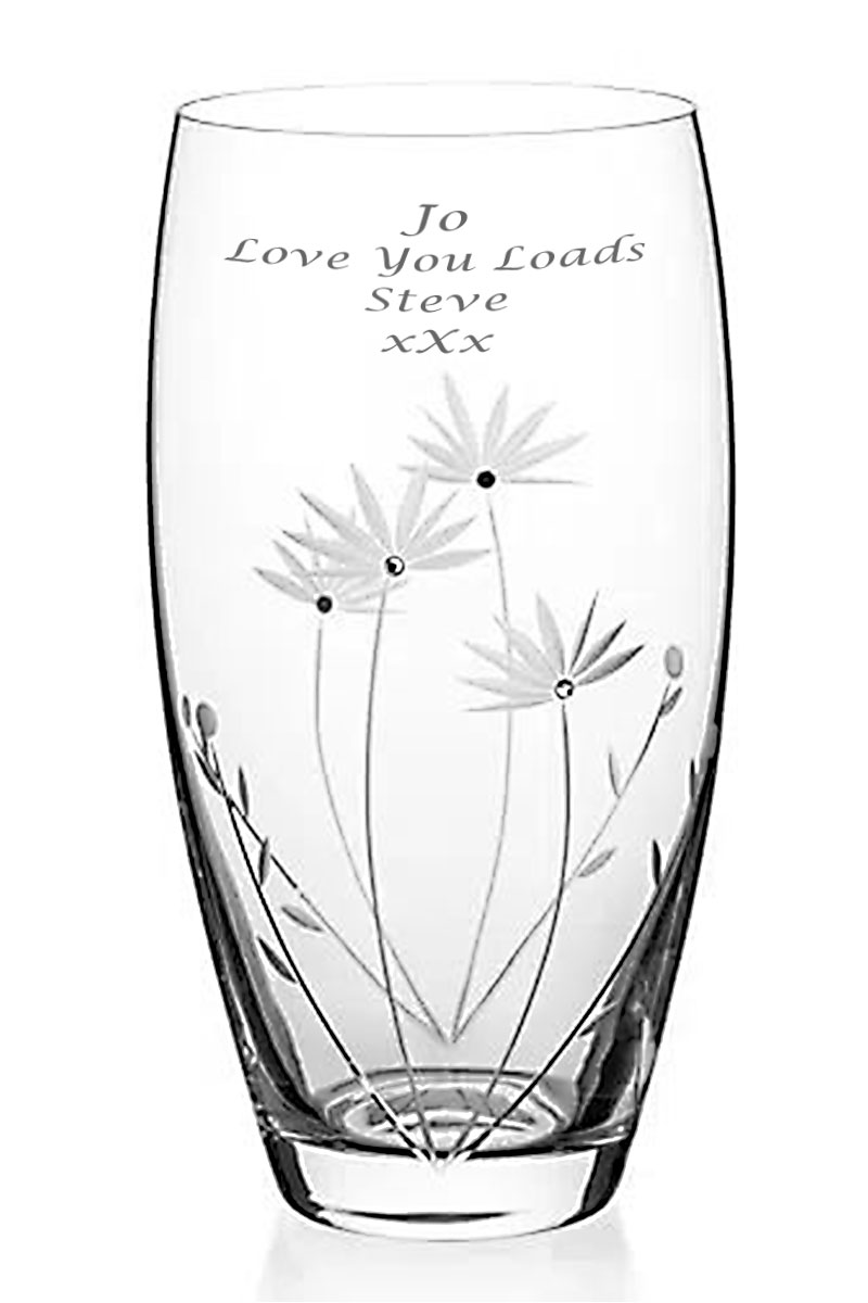 Engraved Glass Vase, 25cm Barrel, Etched Floral Blooms, Adorned with Swarovski® Crystals