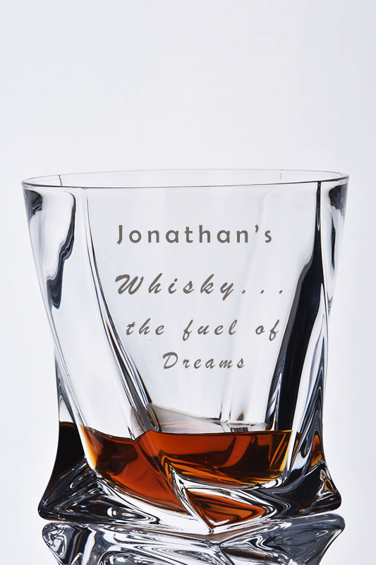 Engraved Whisky Glass Gift personalised with a name and 'Whisky ... The Fuel of Dreams' motif