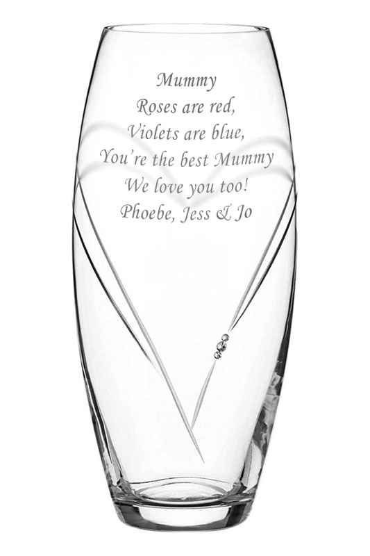 Engraved Large Glass Vase | Heart Design, Swarovski® Crystals, 30cm Barrel