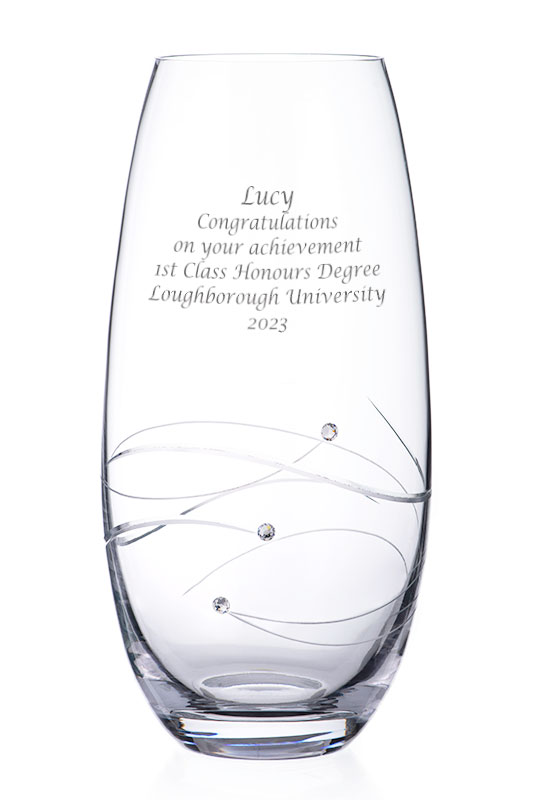 Personalised Glass Vase, 25cm Tall Barrel, Diamante Spiral Design, Gift Boxed
