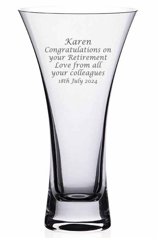 This elegant Personalised Waisted Glass Flower Vase engraved with your own message makes a perfect gift for a loved one, friend or colleague.