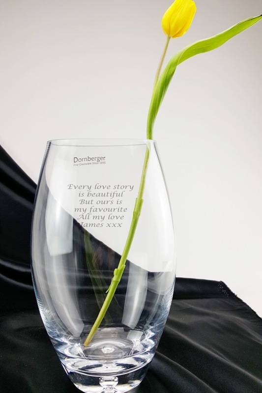 Bubble Base Barrel Flower Vase with Engraved Inscription