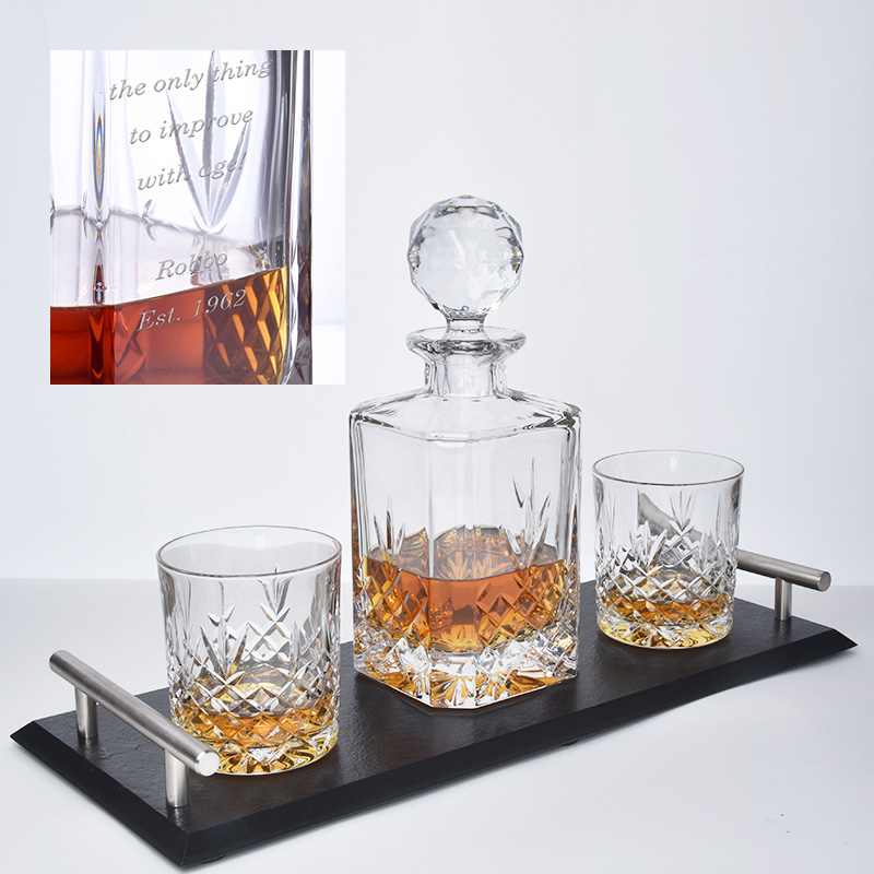 Personalised Buckingham Crystal Decanter and Hand Crafted Slate Tray for presentation award or retirement gift
