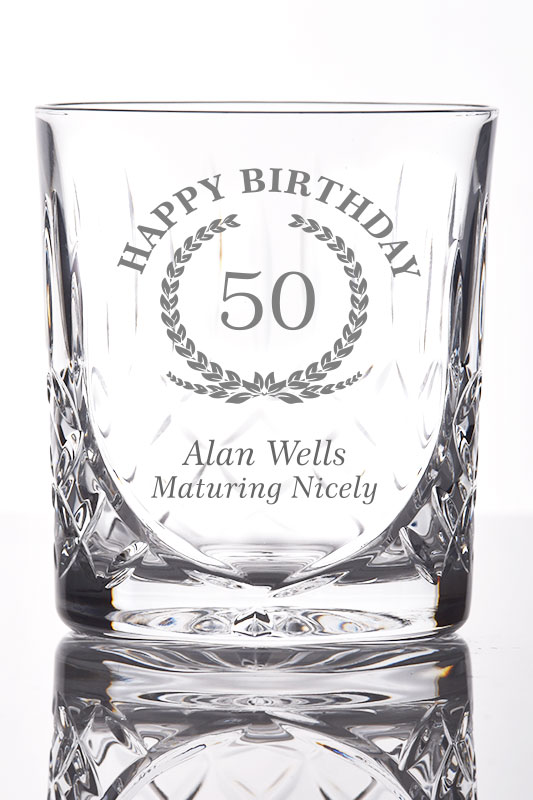 Crystal Whisky Glass Personalised with Happy Birthday Garland, Age and Your Own Message  Satin Boxed Gift