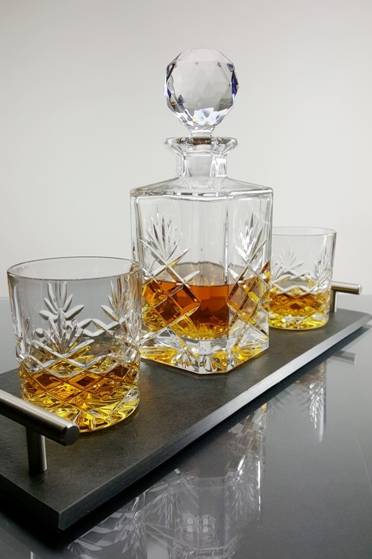 Galleon Lead Crystal Decanter Set and Handcrafted Slate Tray