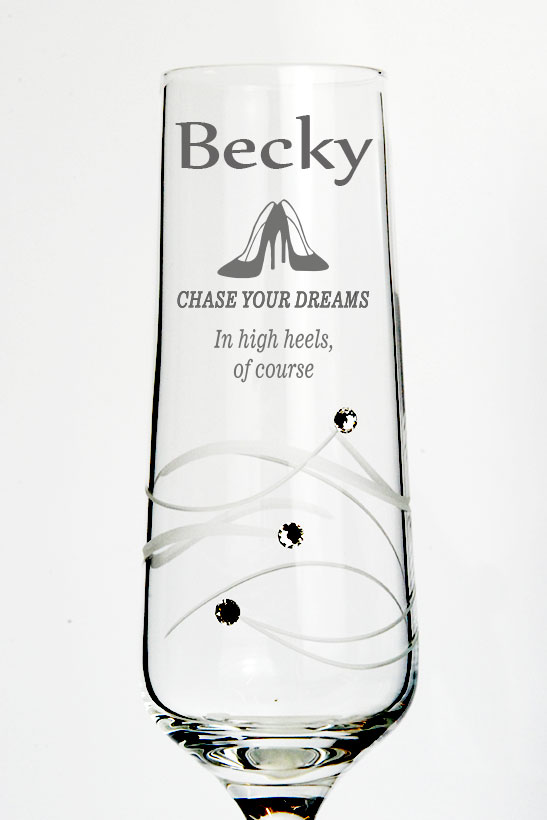 Shopaholic Champagne Glass | Engraved Chase Your Dreams in High Heels Motif