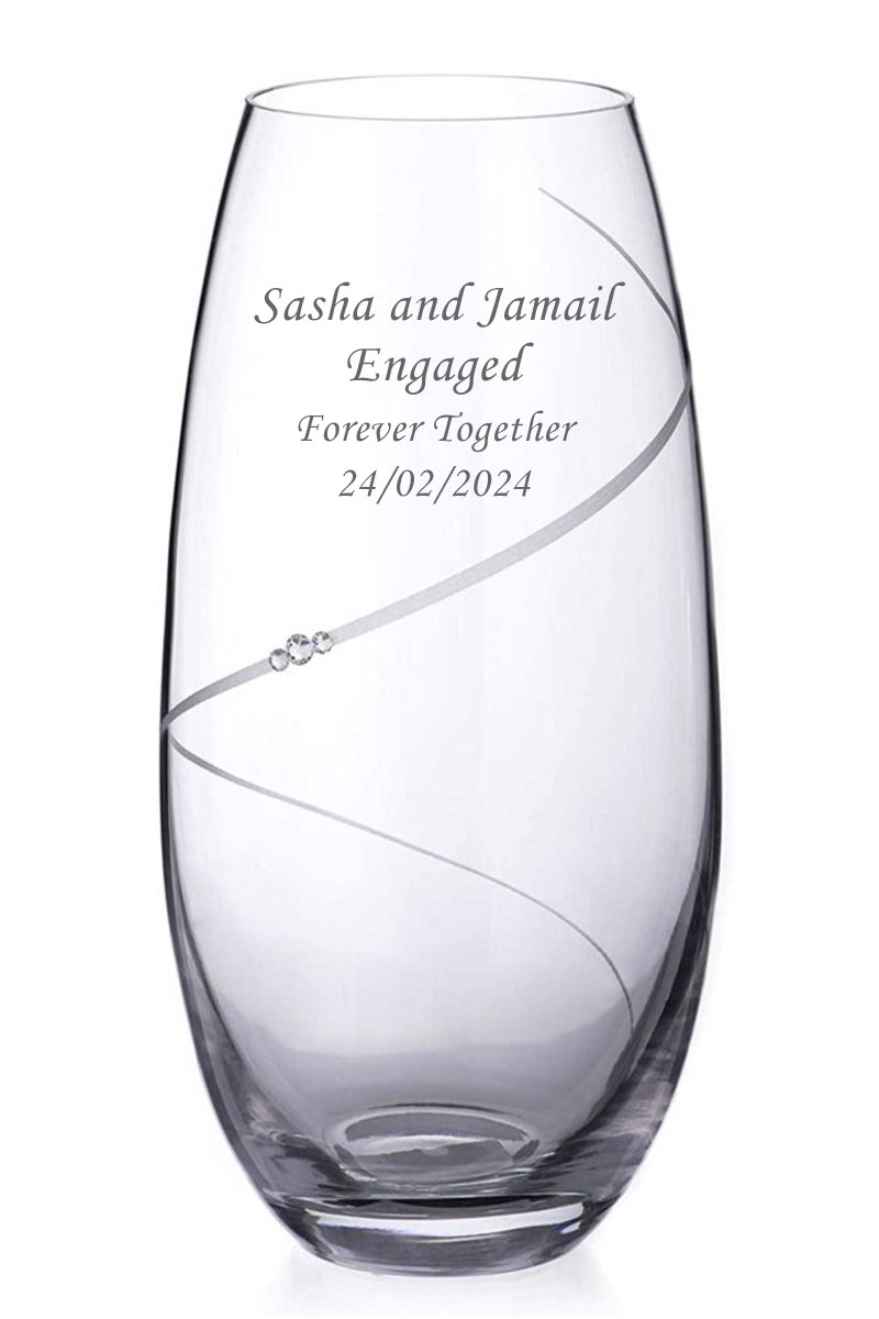 Engraved Glass Vase, 25cm Tall Barrel, Diamante Silhouette Design, Gift Boxed